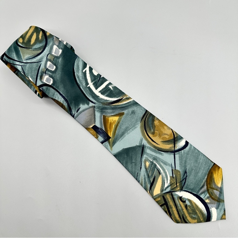 Vintage Marquis Abstract Print Tie – Teal Gold Gray Geometric Polyester Necktie - Picture 1 of 5